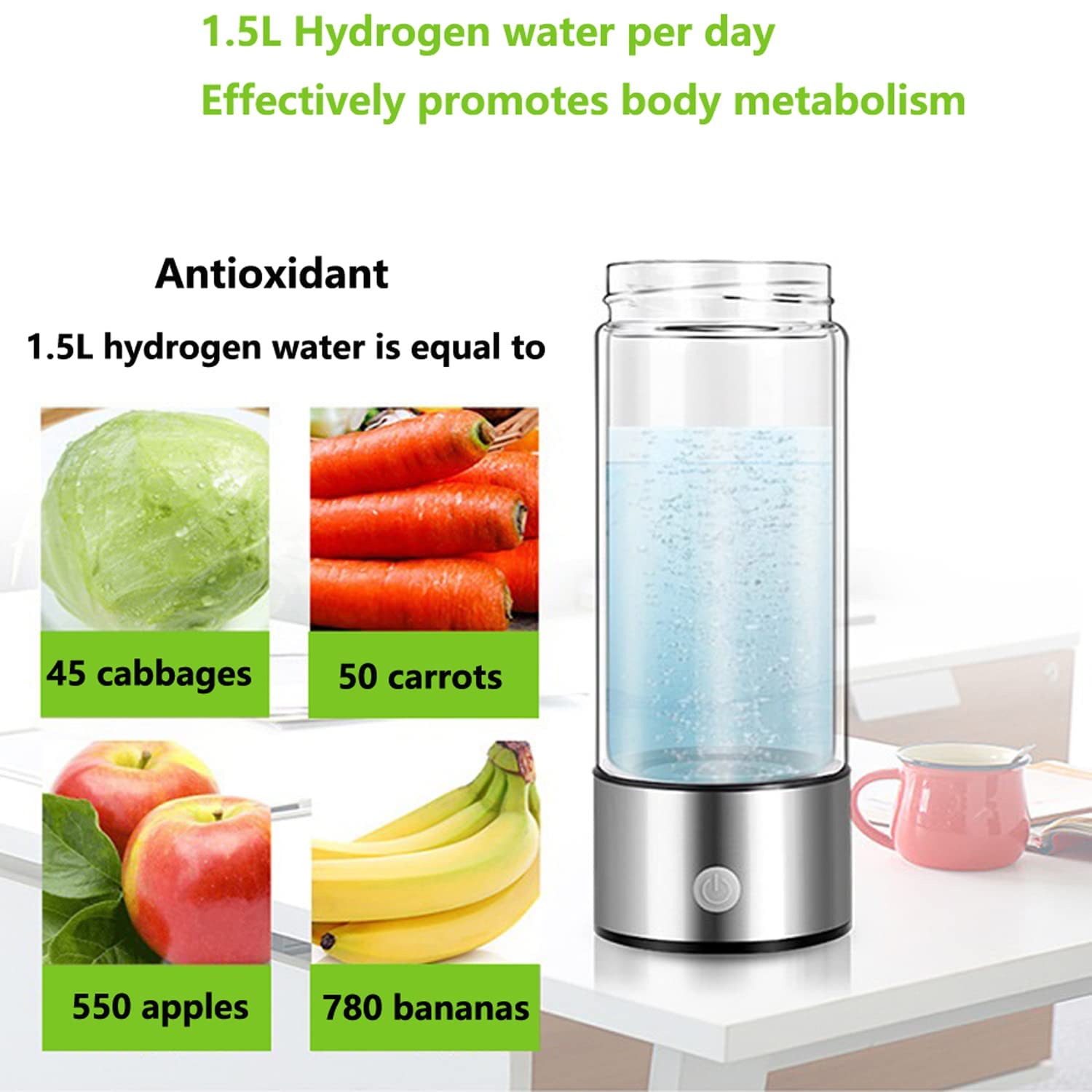 Hydrogen Water Bottle  Portable Hydrogen Water Ionizer Machine  Hydrogen Water Generator  Hydrogen Rich Water Glass Health Cup for Home Travel
