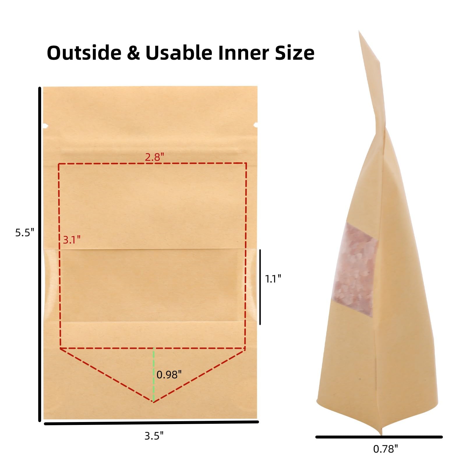 100Pcs 3.5 X 5.5 Inch Kraft Paper Treat Bags With Window Ziplock Stand Up Pouches For Food Storage Cookies Snacks Tea Packing