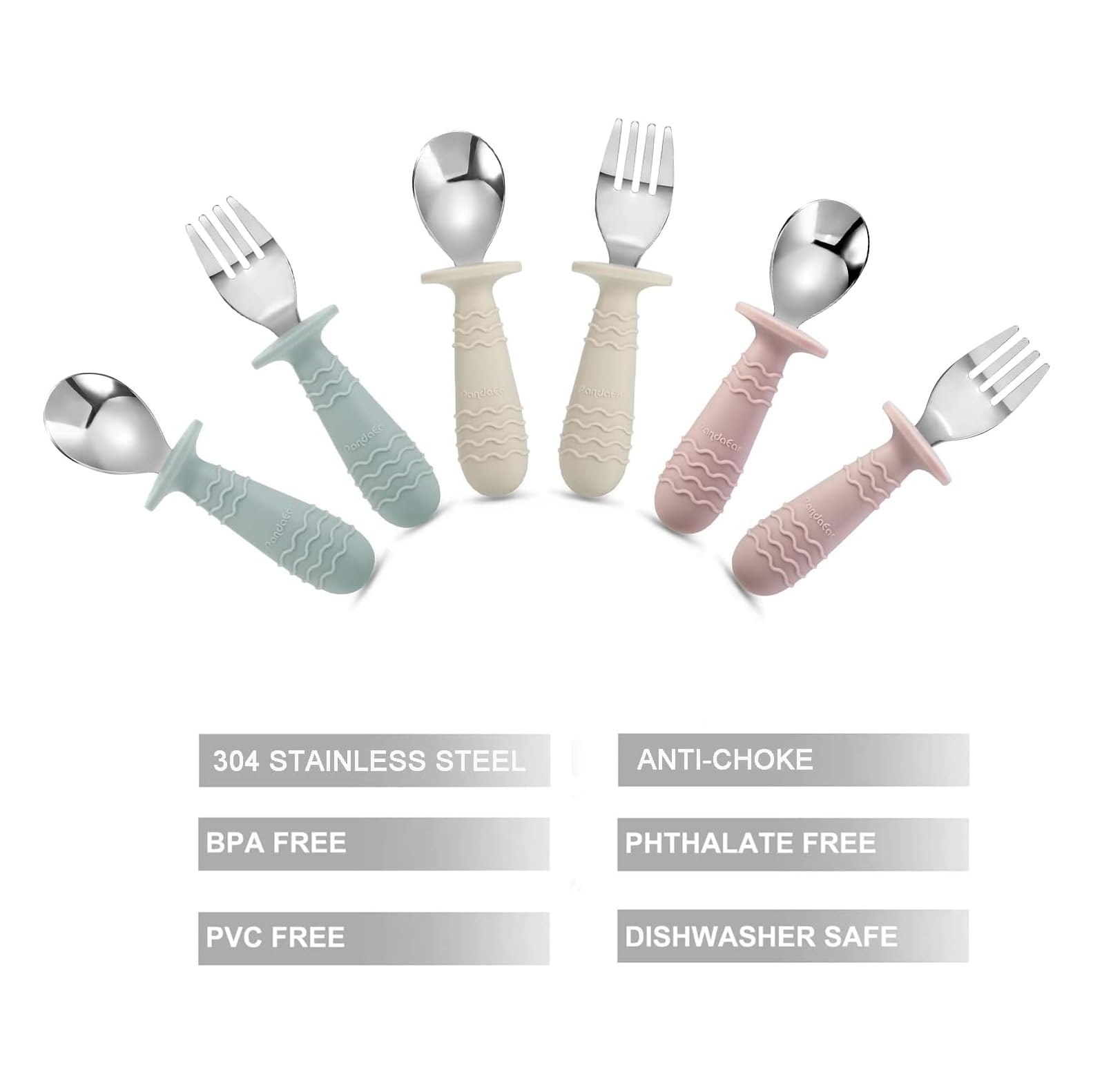 PandaEar 6 Pieces Baby Toddler Silicone Stainless Steel Utensils Silverware Spoon Fork for Baby Toddler BPA Free with Silicone H