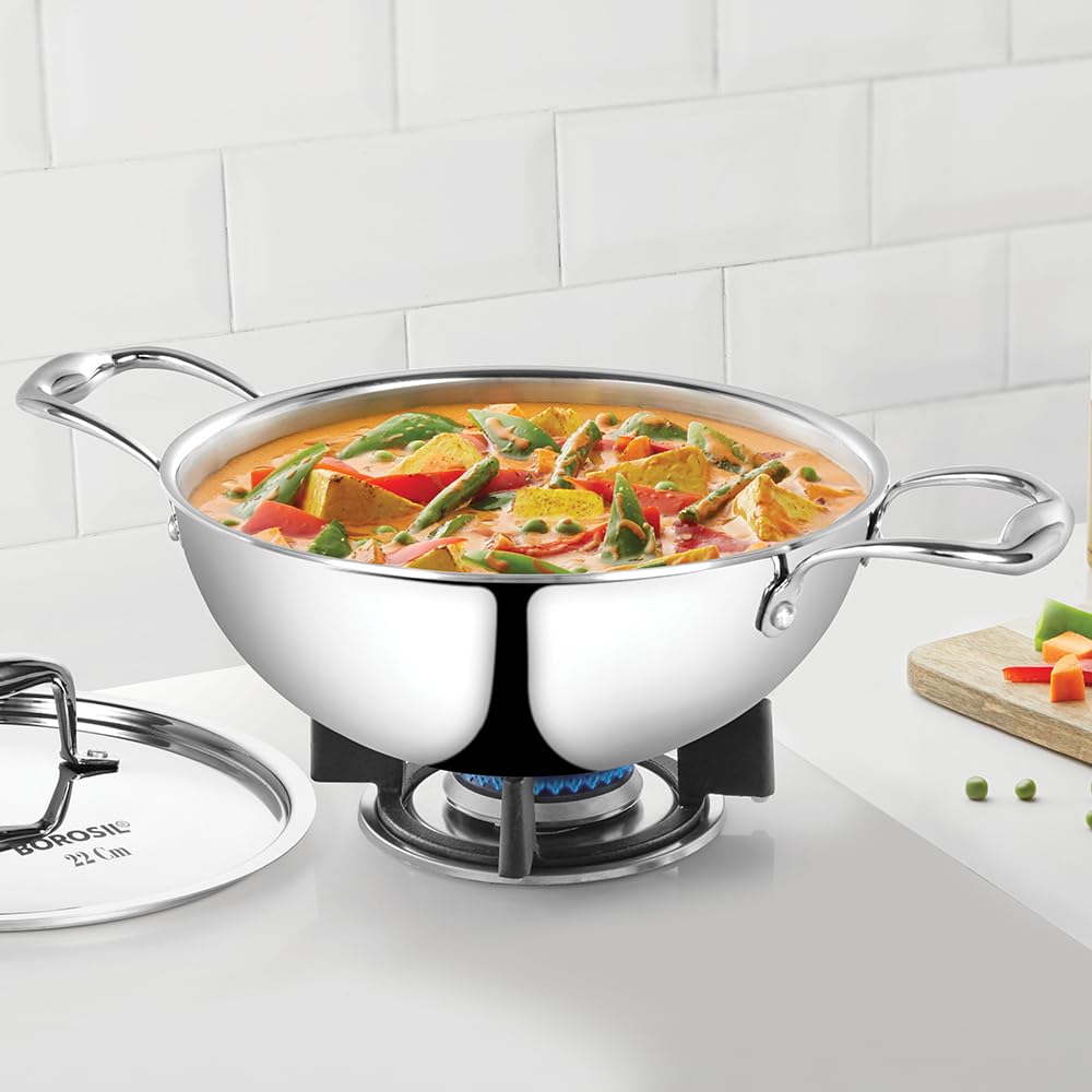 Borosil Cookfresh 2.5L Tri-Ply Stainless Steel Deep Kadhai | 22Cm Kadai For Deep Fry | Gas, Induction Friendly | Even Heat Distr