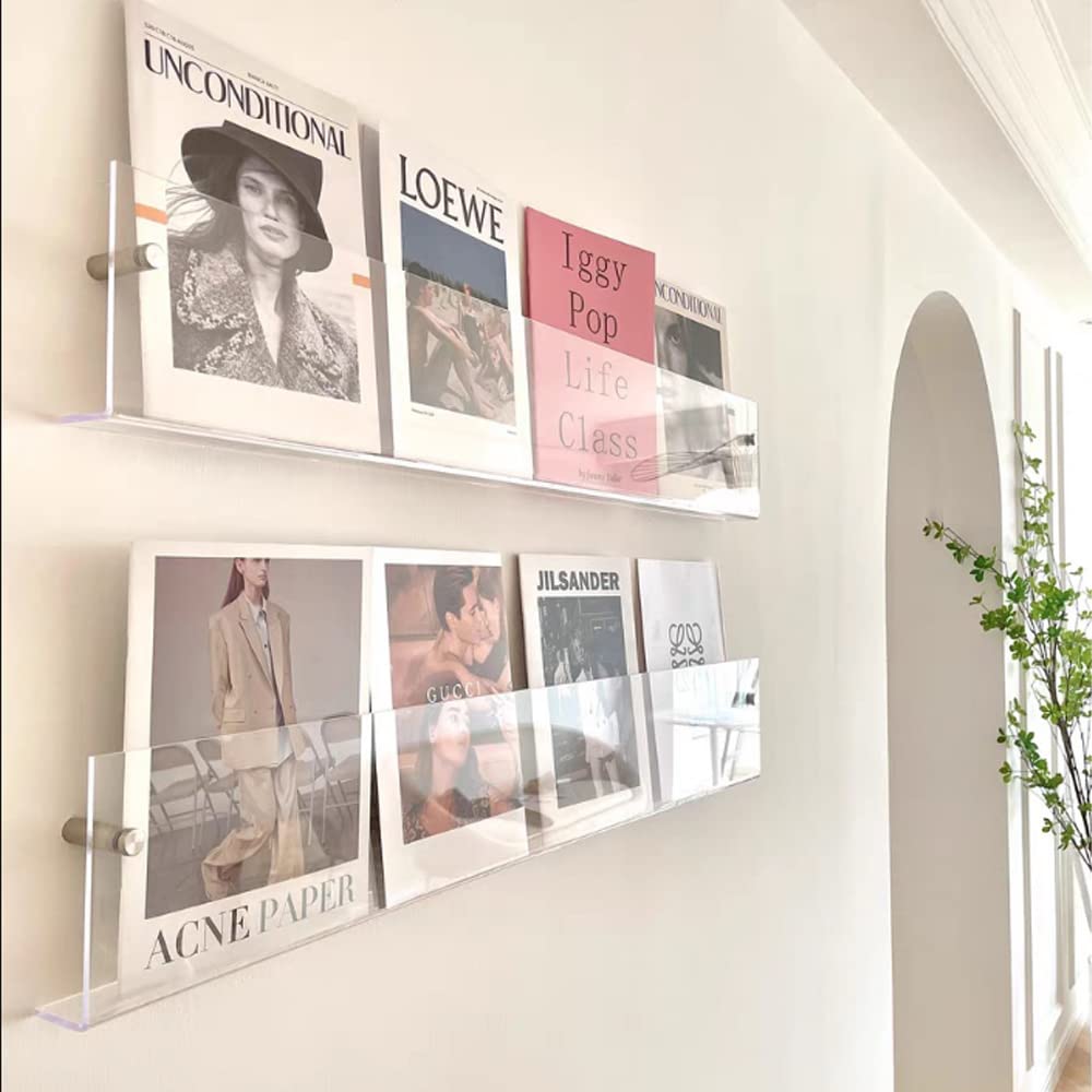 DuvinDD 2 Pack Acrylic Magazine Holder Rack Brochure Holder Wall Mount 24 inch Clear Hanging Magazine Rack Floating Bookshelf fo