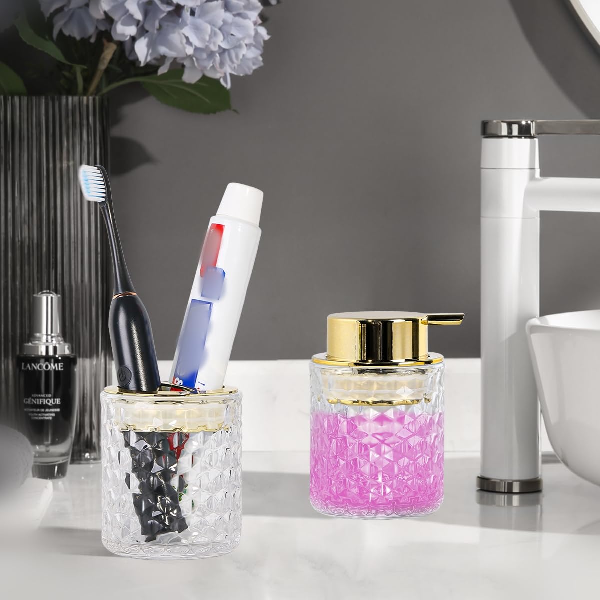 Fvstar Clear Bathroom Accessories Set, 2pcs Glass Bathroom Accessory Set with Foam Soap Dispenser and Toothbrush Holder, Gold Fo