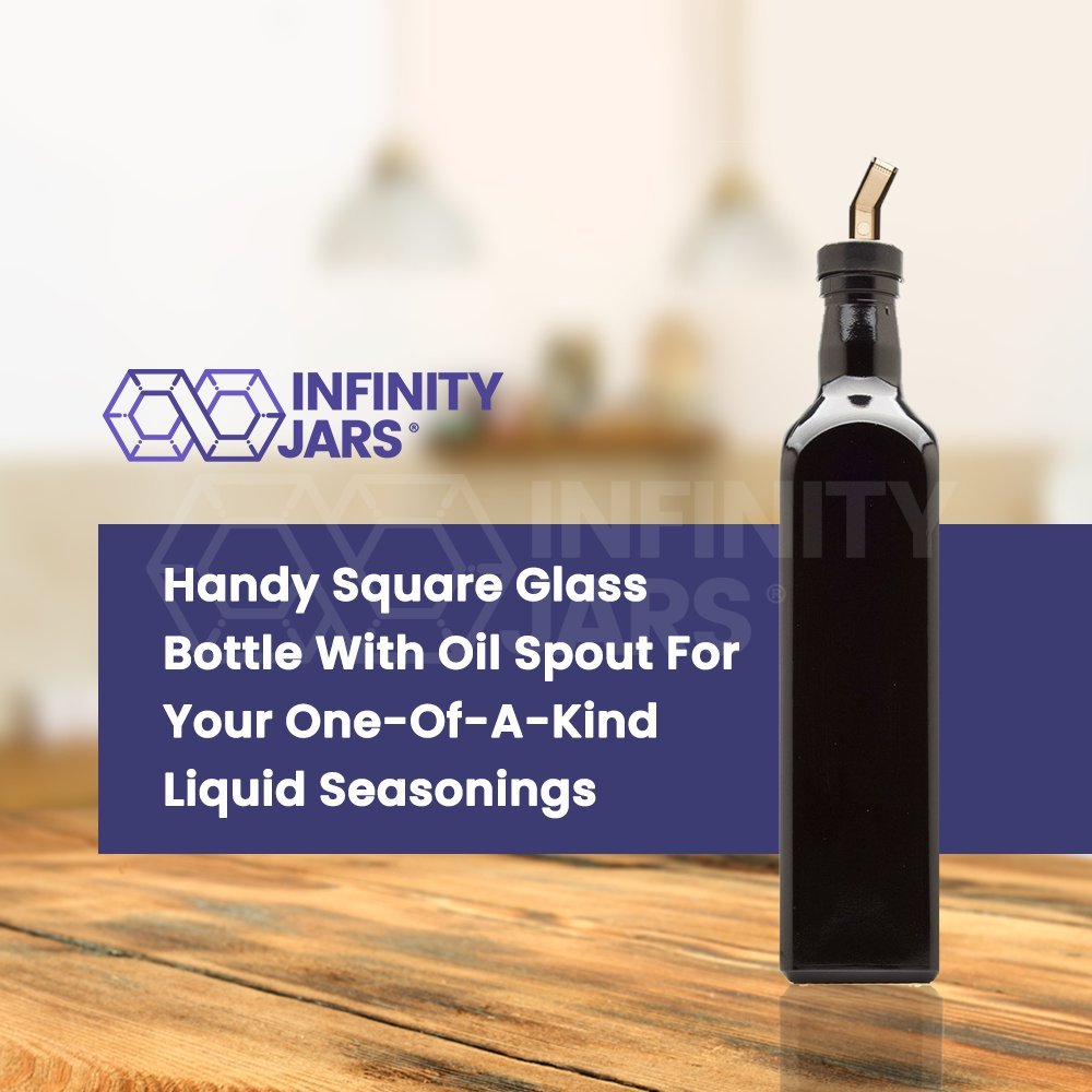 Infinity Jars 500 Ml (17 Fl Oz) Black Ultraviolet Square Glass Oil Bottle With Plastic Pour Spout