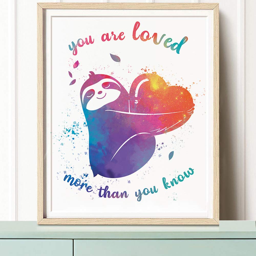 CHIEN-CHI LILI Colorful Sloth Inspirational Words Watercolor Art Print Set of 4 (8X10)  Sloth art Poster for Boys & Girls  Nursery  Kids Bedroom Home Wall Decor  No Frame
