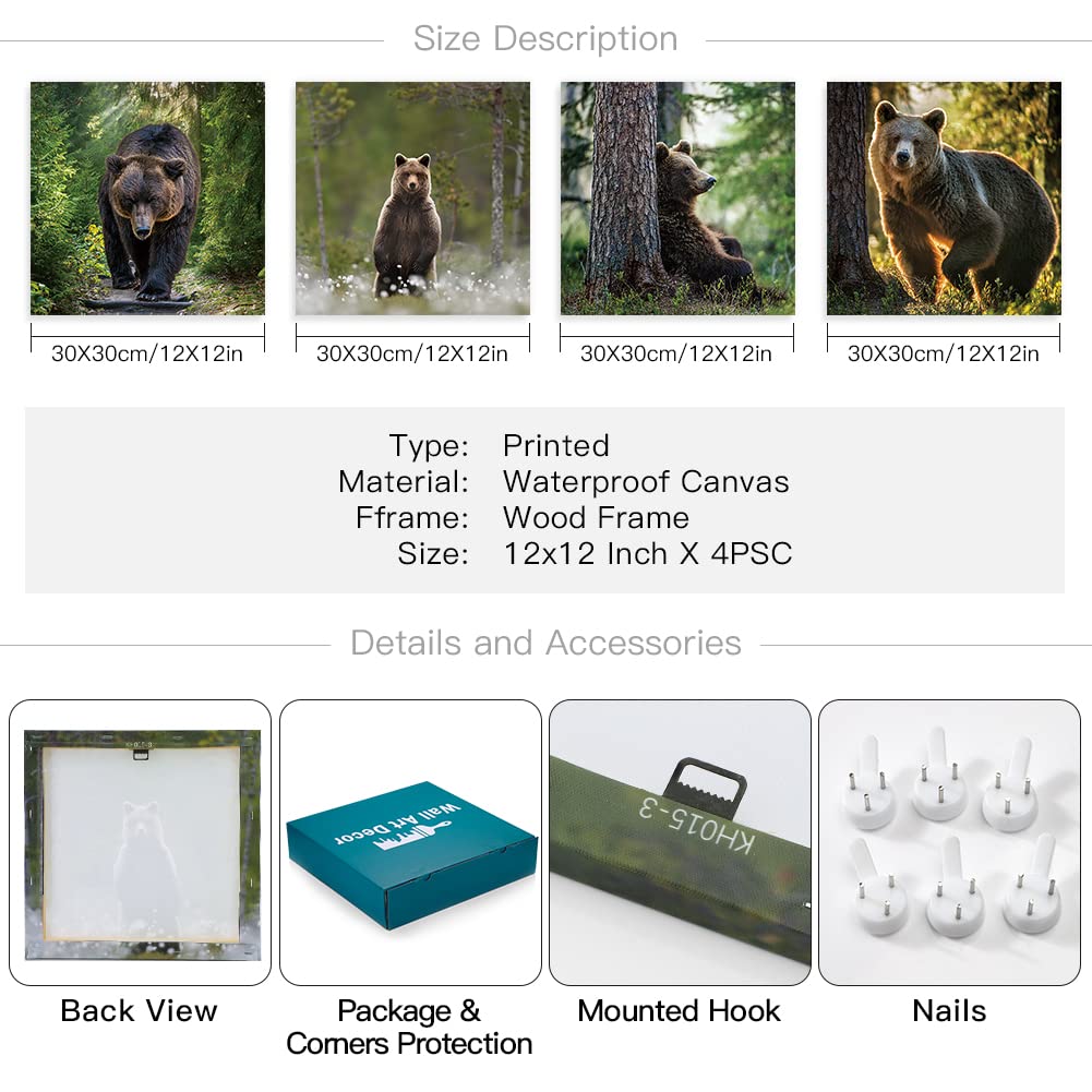 Otostar 4 Pieces Wall Art Canvas Prints - Forest And Bear Picture Painting - Modern Wall Artwork Framed For Gifts Bathroom Home