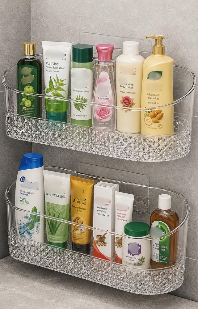 RoyalPro Bathroom Organiser Without Drill Adhesive Shelf Self Adhesive Nstallation | Transparent Wall Mounted (Pack Of2)
