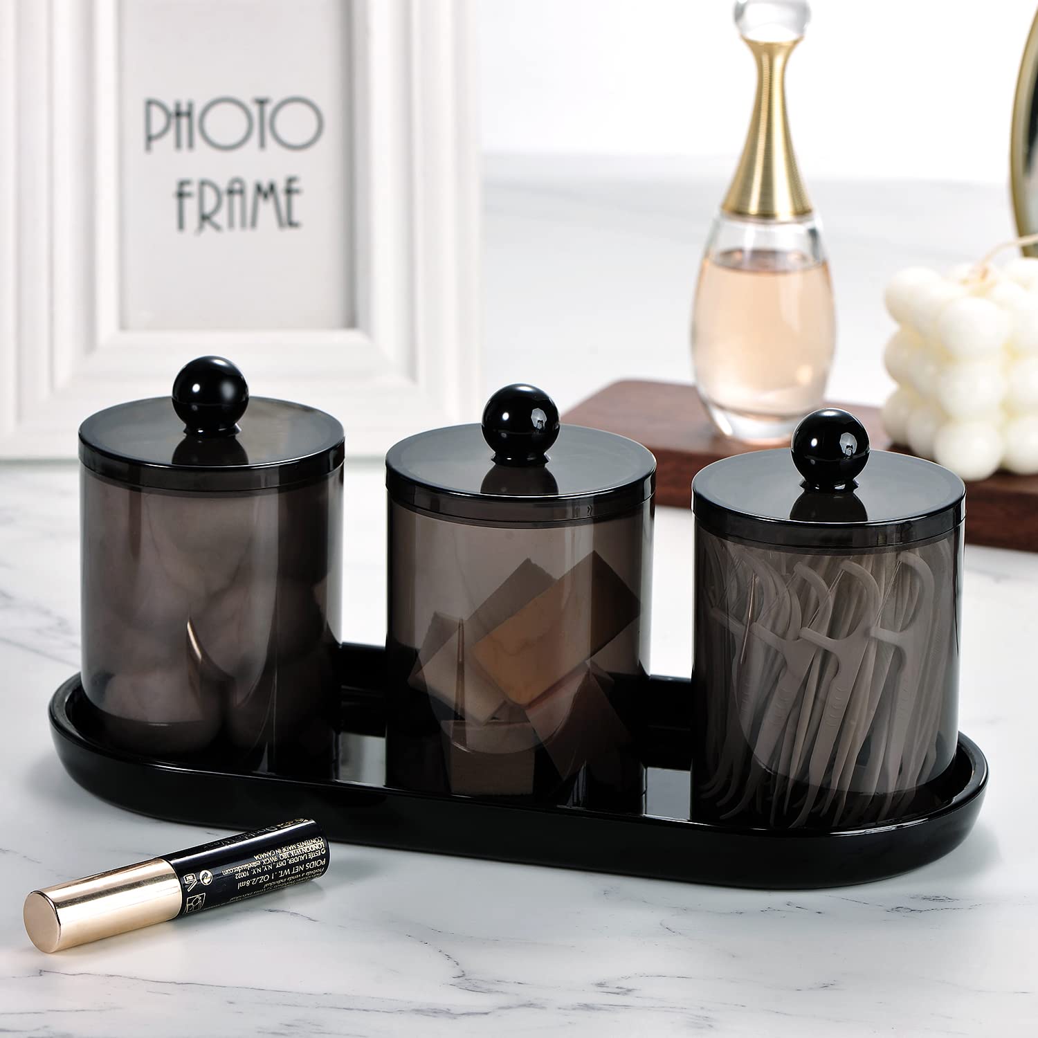 Qtip Holder Bathroom Set With Tray(4Pcs) - 3 Pack Acrylic Plastic Apothecary Jars Qtip Dispenser Canister With Lid And Labels, 1