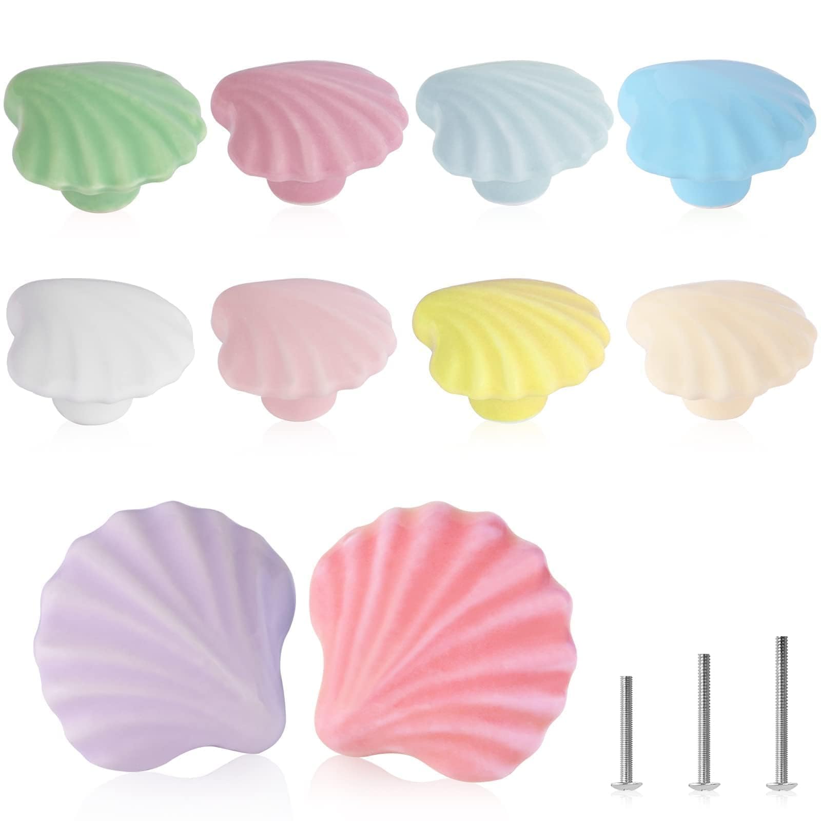 OctinPris 10x Colorful Cute Glossy Ceramic Knobs Seashell Shape Lovely Door Pull Knob Cabinet Closet Ceramic Drawer Cupboard Kit