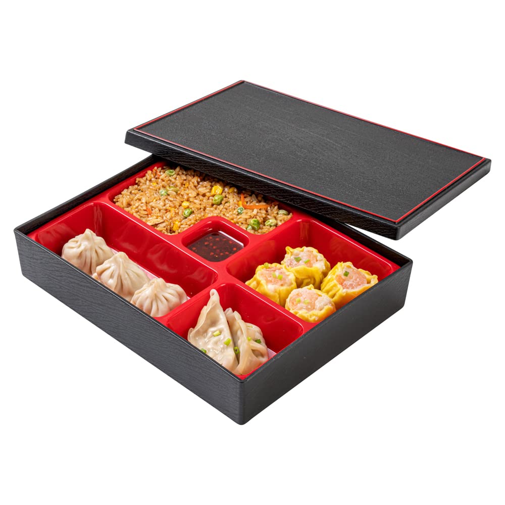 Restaurantware Bento Tek Rectangle Black & Red Small Japanese Style Bento Box - 5 Compartments - 10 3/4'' X 8 1/4'' X 2 1/4'' -