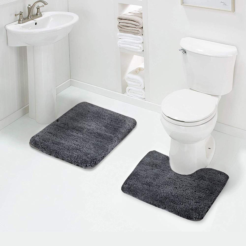 Walensee Shaggy 2 Piece Bath Rug Sets (Dark Grey) 20 X 24 U Shape Contour Rug & 20 X 32 Bathroom Rug Machine Wash/Dry Bath Mats
