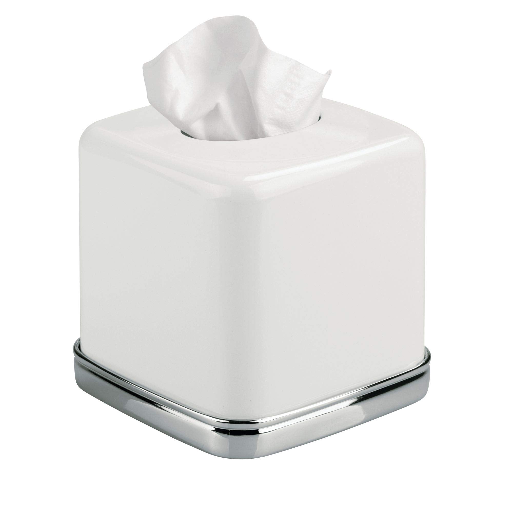 Idesign York Facial Tissue Box Cover, Vintage Holder For Bathroom Vanity Countertops, 5.75'' X 5.75'' X 5.5'', Chrome And White