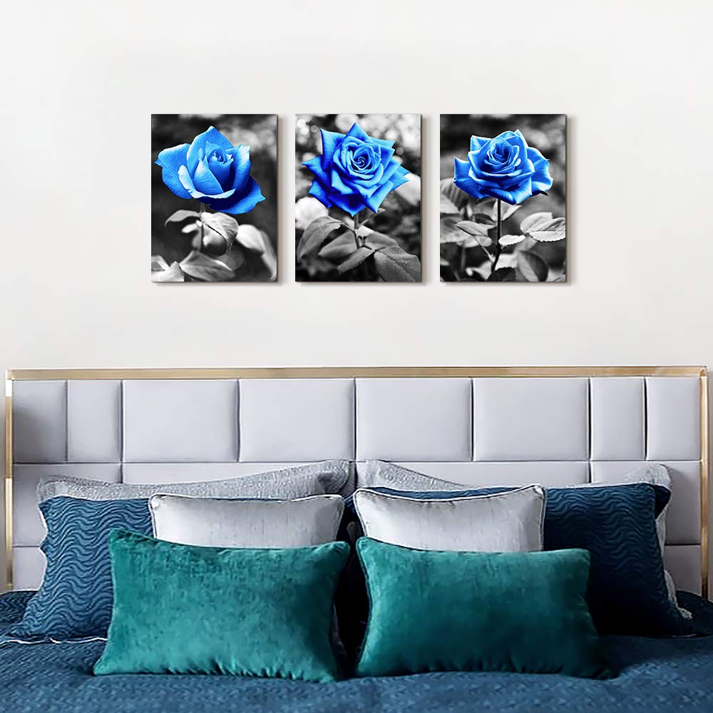 Bedroom Wall Art For Living Room Bathroom Wall Decor For Kitchen Family Pictures Artwork Black And White Blue Rose Flowers Canva