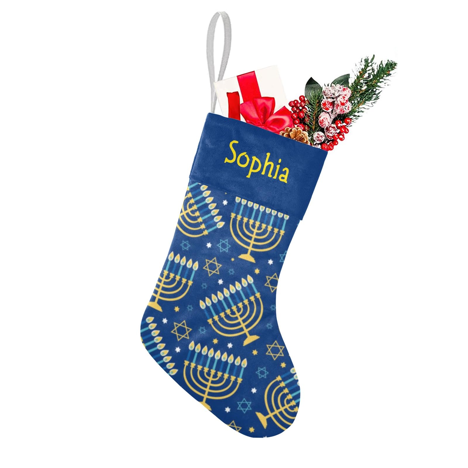 Custom Hanukkah Blue Happy Christmas Stocking Personalized with Name Xmas Family Holiday Birthday Gift Decor 17.52 x 7.87 Inch