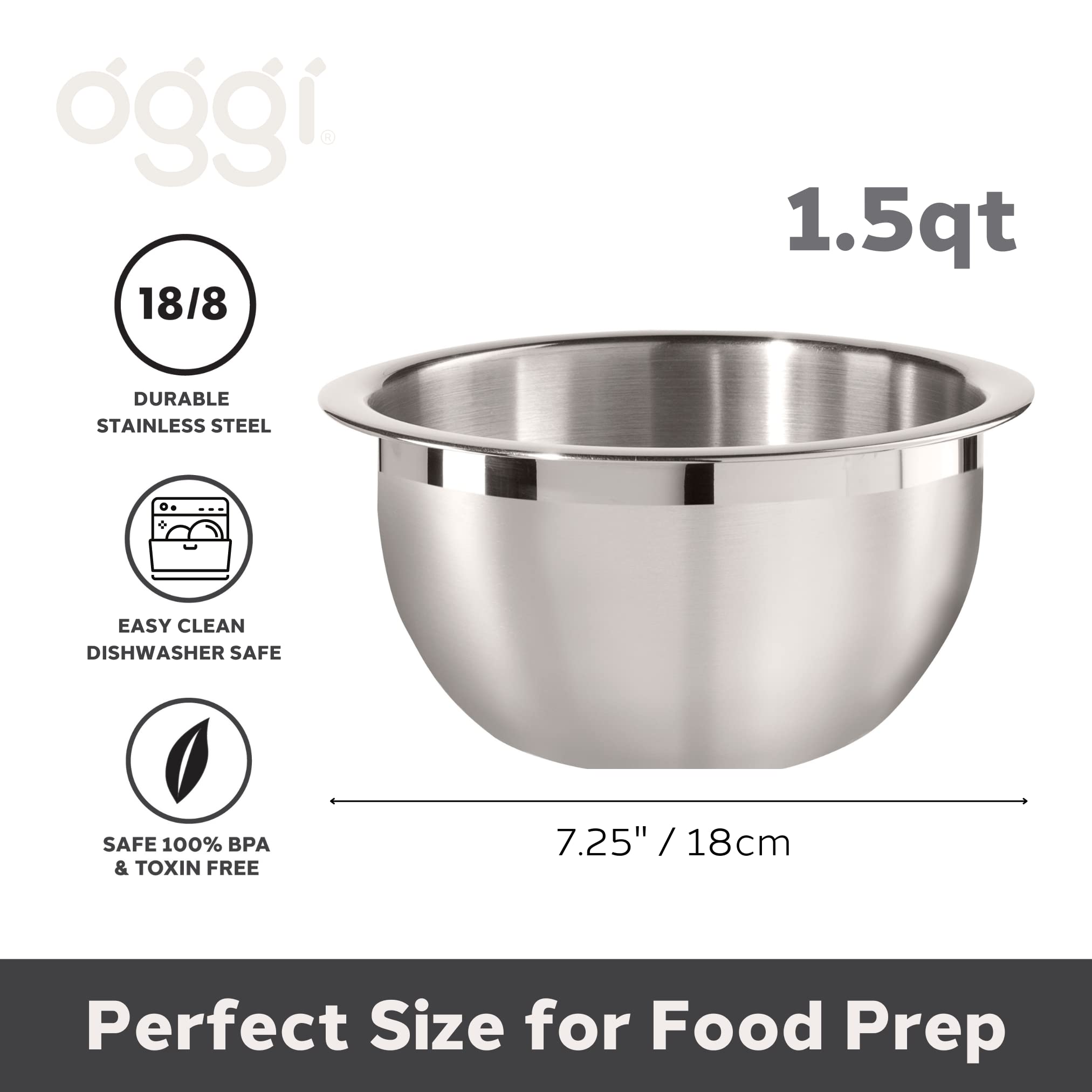 Oggi 1.5-Quart Two-Tone Stainless Steel Mixing Bowl, Great For Mixing, Making Dough, Dressing Salads, Mixing Eggs, Washing Veget