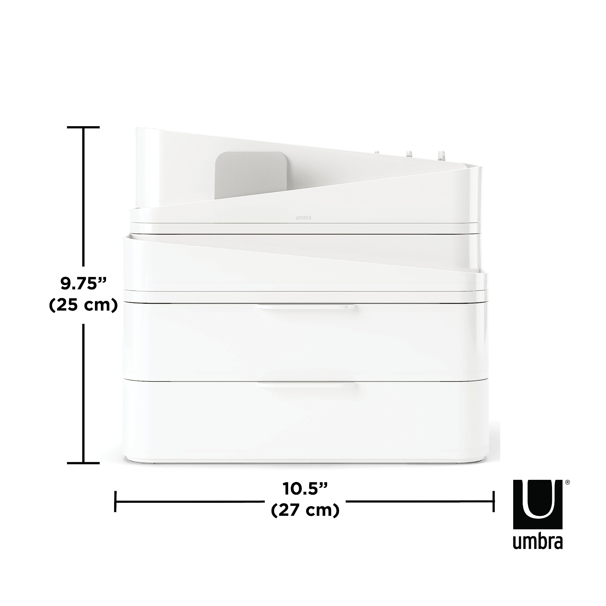 Umbra Glam Large Three Drawers Cosmetic Organizer With Rubber Feet And Removable Dividers (White And Gray)