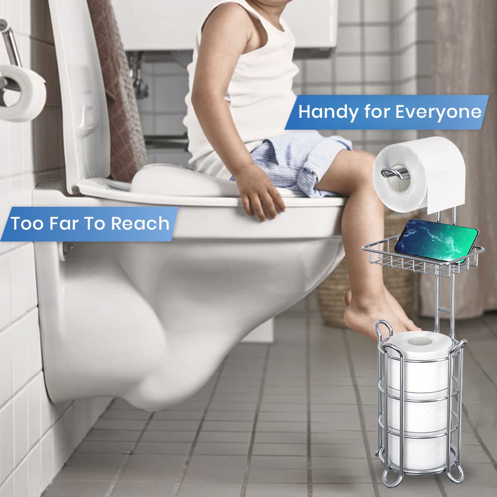 Chrome Toilet Paper Holder Stand Tissue Holder for Bathroom with Shelf Storage Holds 4 Mega Rolls Phone and Wipes