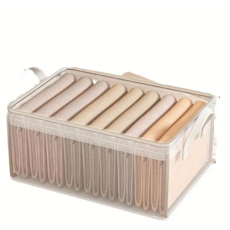 Quicze Transparent Storage Organiser Box For Clothes With Steel Frame & Handle, Foldable Closet Basket For Wardrobe, Cupboard, A