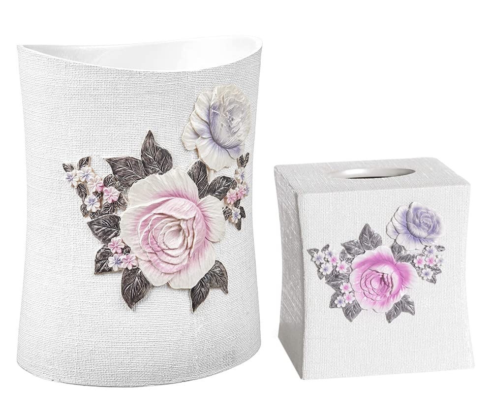 Zahari Home 2Pc Michelle Bathroom Set Waste Basket & Tissue Cover Modern Classic Decor Stylish Unique Design Beautiful Floral Ba