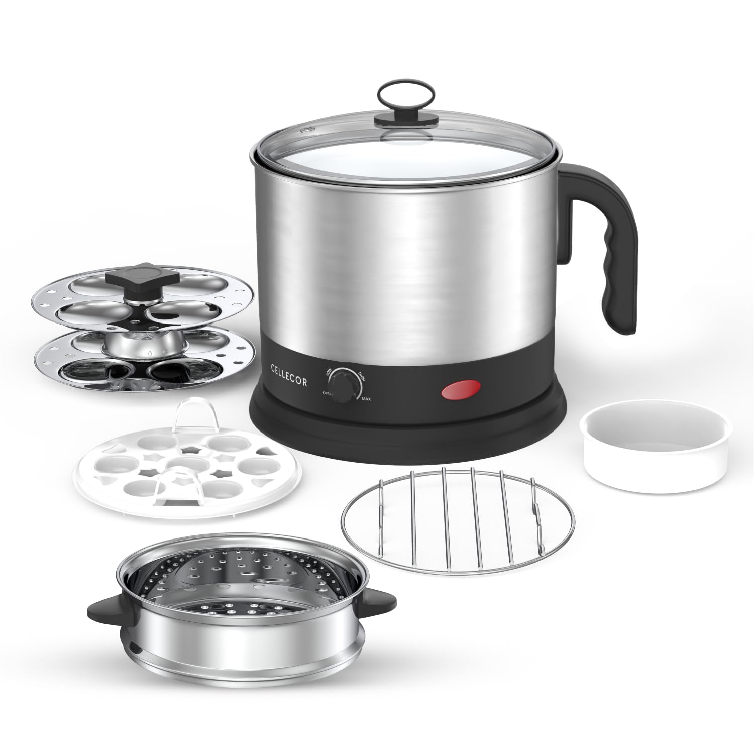 Cellecor Multi-Cook Kettle Cmk13 Magic Chef With Steamer, Egg Tray, Idli Stand, Poacher Tray, Steel Tray, Multi Cooker Electric 