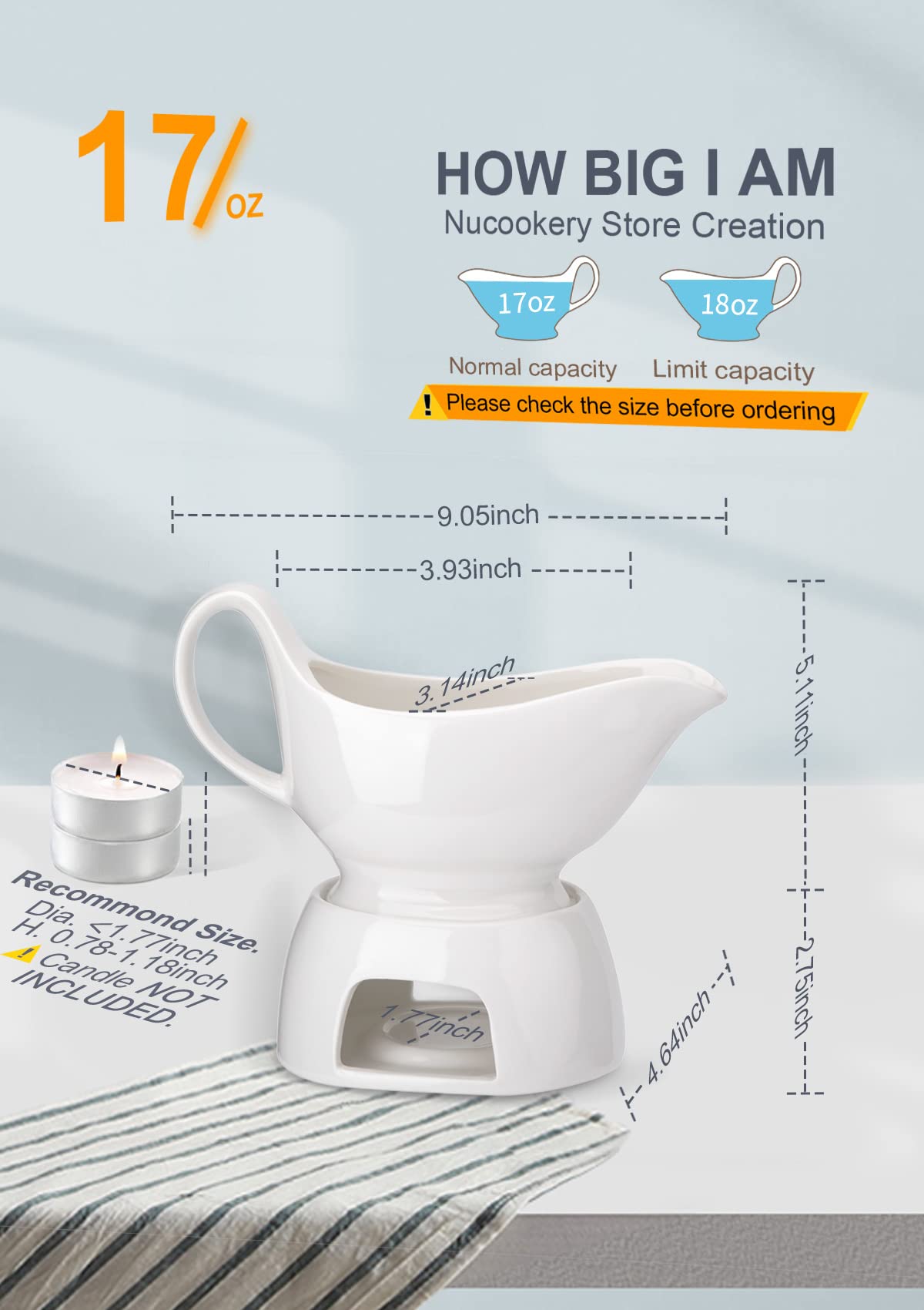 Nucookery Large Classic 17 Oz Gravy Boat With Warmer, White Fine Porcelain Saucier With Big Dripless Lip Spout, Bowl For Thanksg