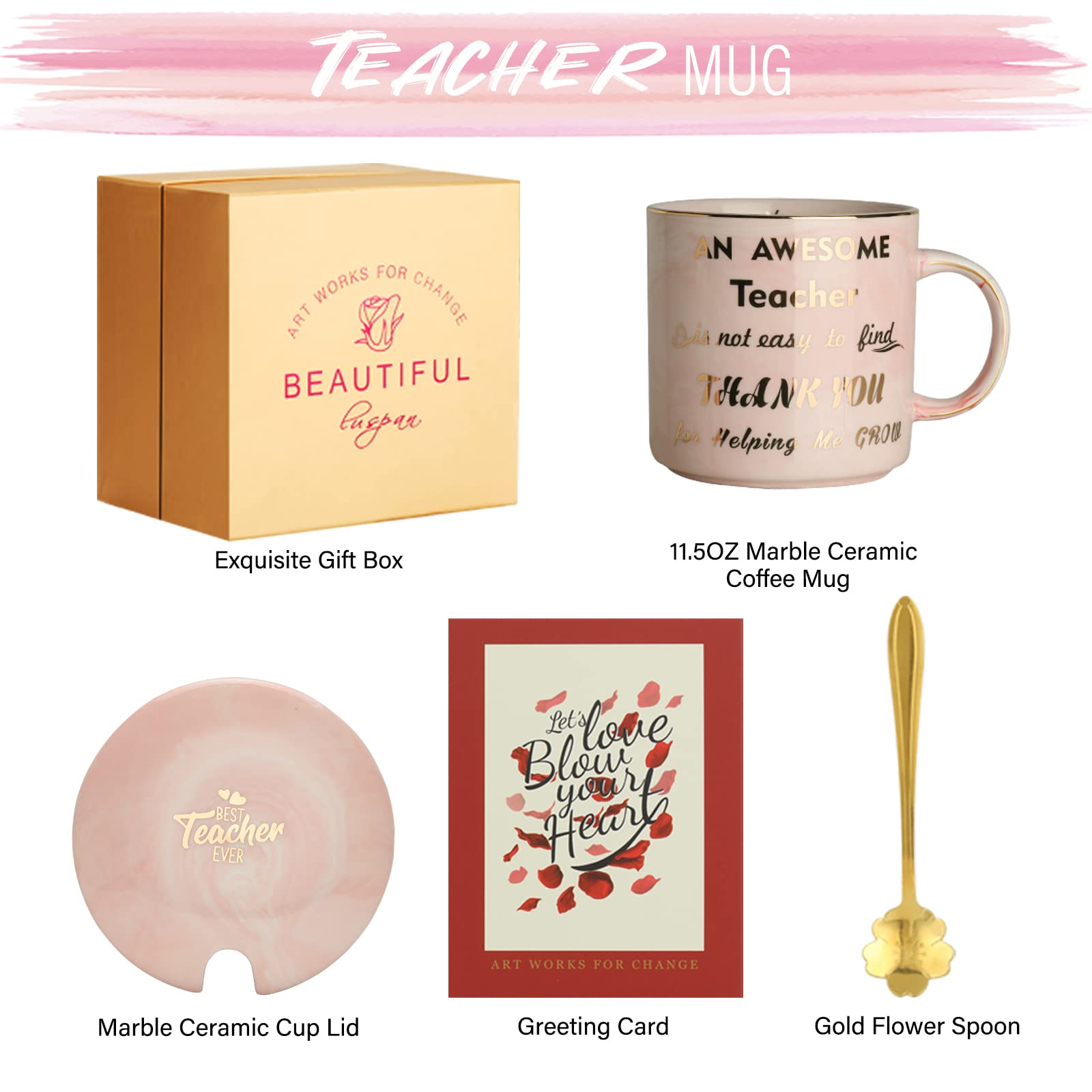 Luspan Teacher Appreciation Gifts,Teacher Gifts for Women,Pink Marble Ceramic Teachers Mug 11.5oz and Lid