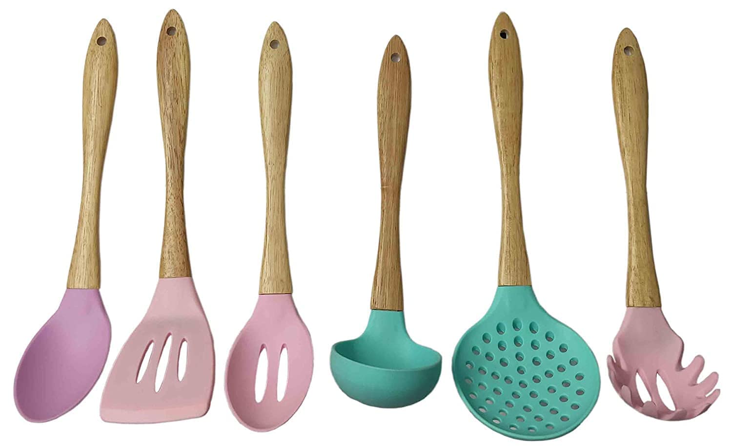 Maison & Cuisine Wooden Handle Cooking SpoonSilicone Nonstick Heat Resistant Kitchen Utensil Set, Complete Set Of 6 (1051, 2, 