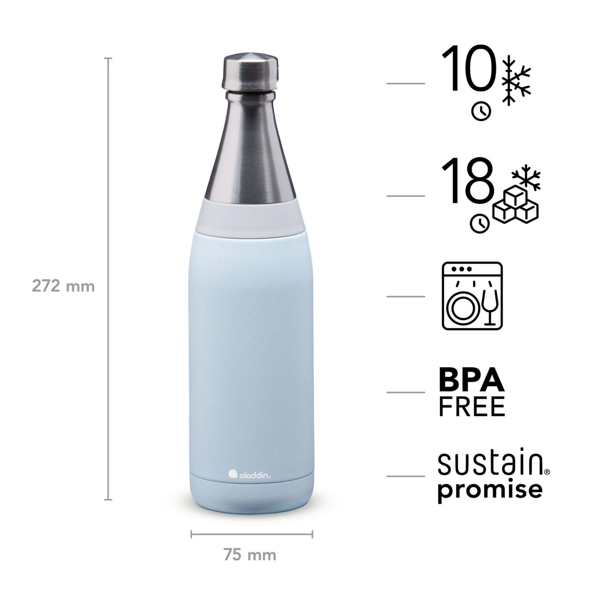 Aladdin Fresco Thermavac Stainless Steel Water Bottle 0.6L Sky Blue - Leakproof - Keeps Cold for + 10 Hours - BPA-Free - Dishwasher Safe - Reusable Thermos Flask with Durable Finish