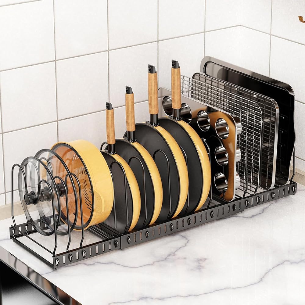 Besda Pot and Pan Organizer Rack for Cabinet, 3 Expandable Pot Lid Organizer Holder with 12 Adjustable Compartment for Kitchen C