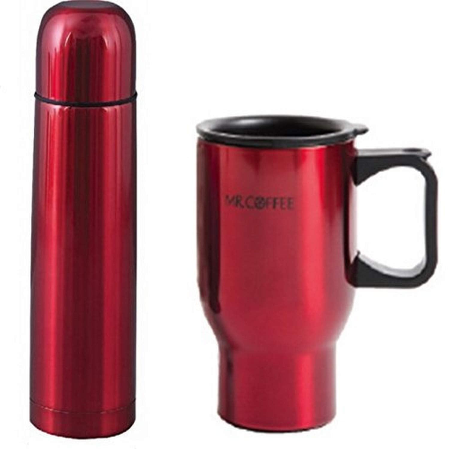 Mr Coffee Javelin And Expressway 2 Pc Thermas & Thermal Travel Mug Gift, Red Metallic Stainless Steel, 2 Piece Set