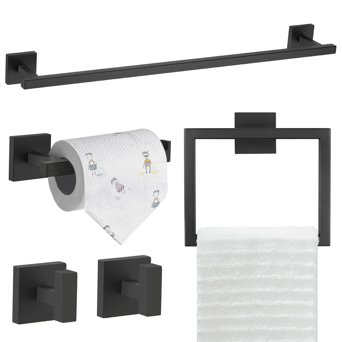 Tqkag 5-Piece Matte Black Bathroom Hardware Set Classic Wall Mounted Bathroom Accessories Set Sus304 Stainless Steel Towel Bar S