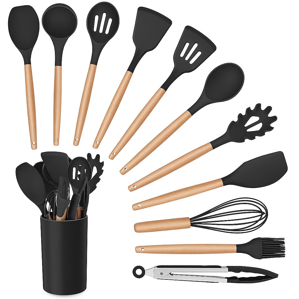 Kitchen Silicone Utensils Set With Wooden Handle European Style Easy To Clean 12Pcs Silicone Kitchen Tools Kitchen Accessories. 