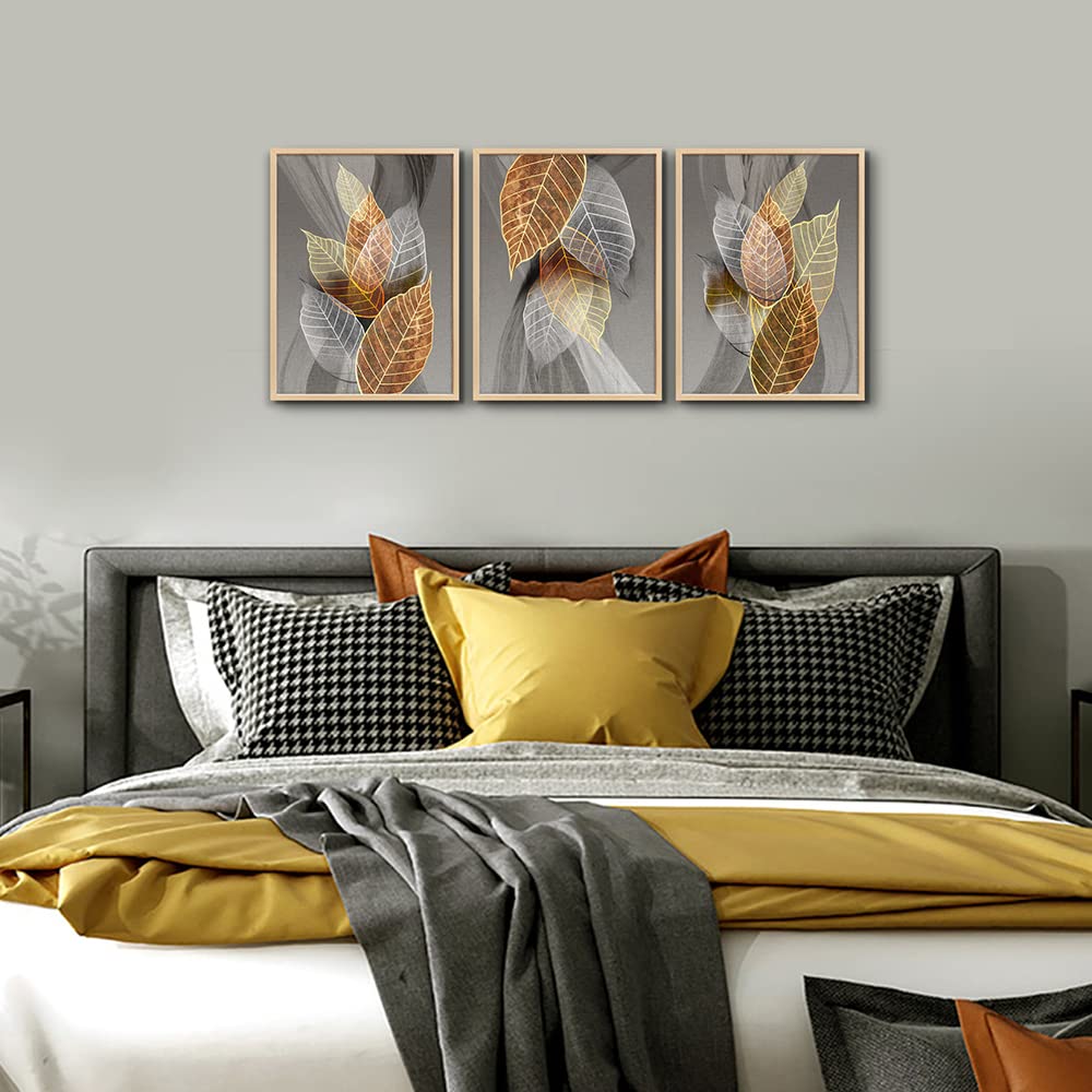 Hyidecorart Natural Framed Canvas Wall Art - 3 Piece Abstract Leaf Prints, 12x16 inches, Ideal for Living Room, Bedroom, and Bathroom Decor