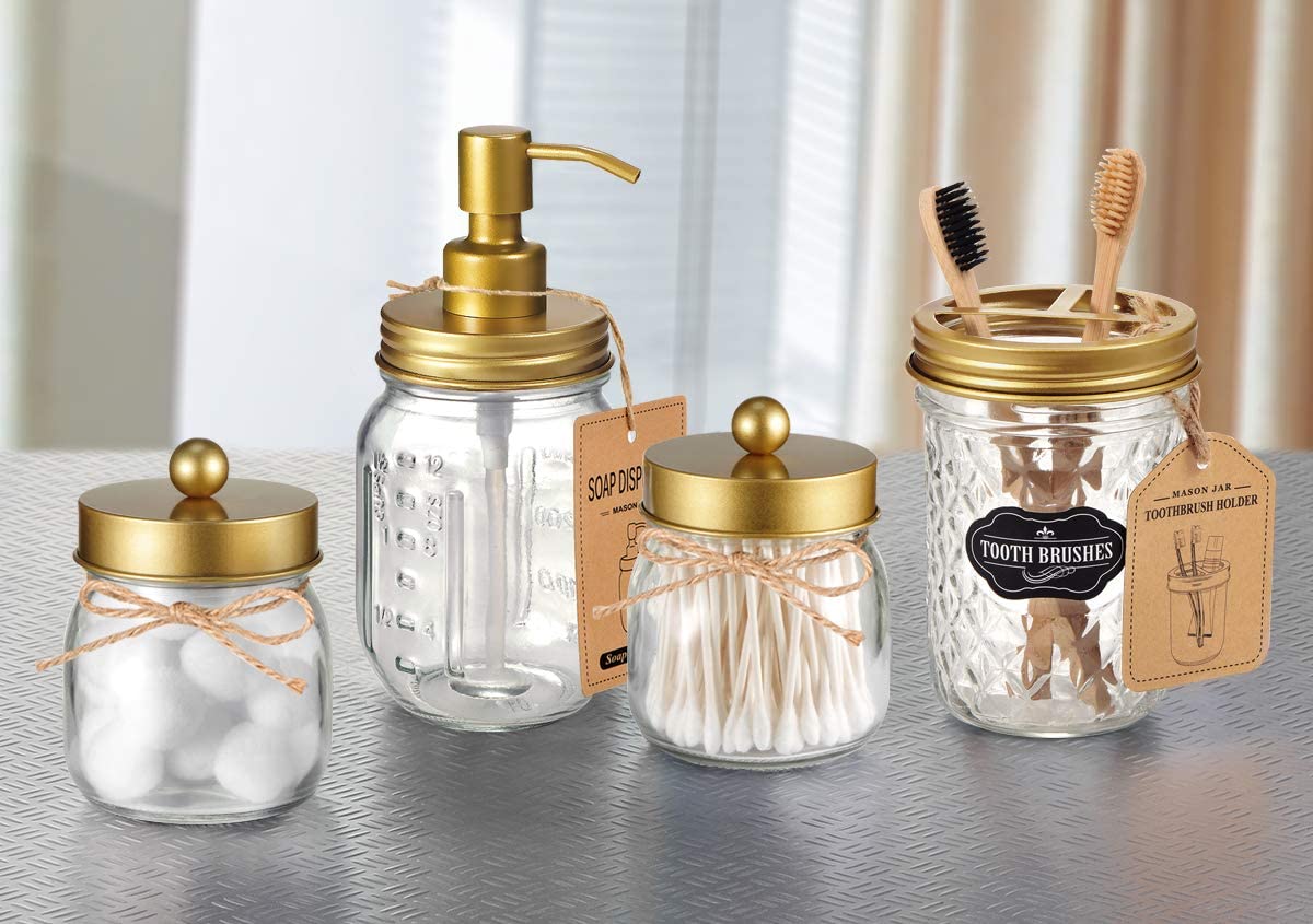 Amolliar Mason Jar Liquid Soap Dispenser -Rustproof Stainless Steel Farmhouse Decor for Bathroom Vanities Kitchen Sink/ Liquid Soap Pumps for Hand Soap Dish Soap Lotions/Golden -2 Pack