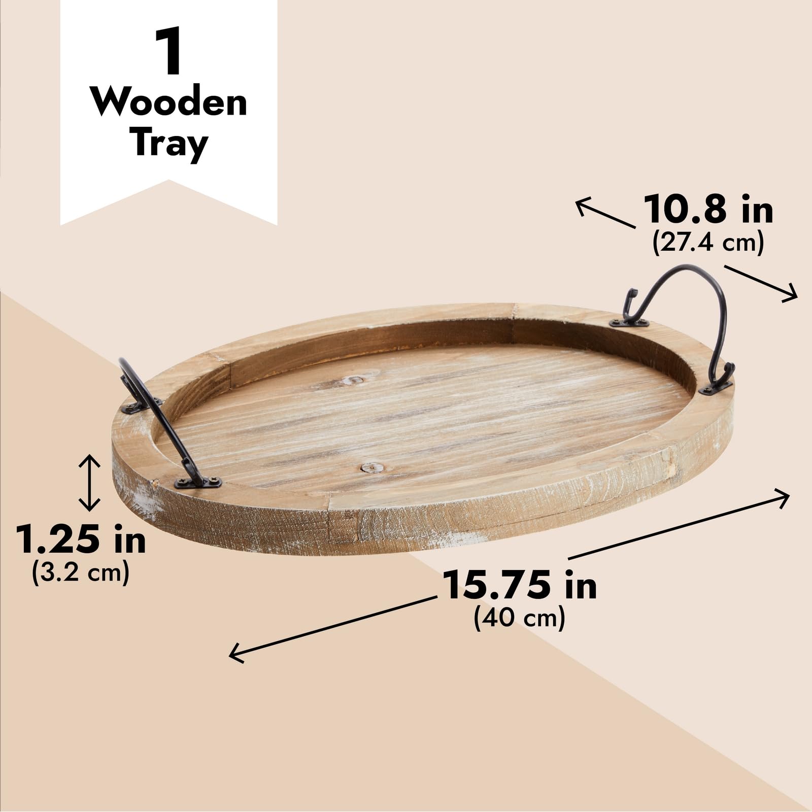 Farmlyn Creek Oval Wooden Serving Tray With Handles, Decorative Platter For Coffee Table, Living Room (15.75 X 10.8 X 1.25 In)