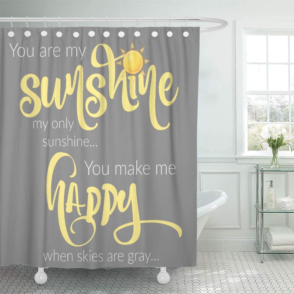 Semtomn Shower Curtain You Are My Sunshine Yellow Gray 66''X72'' Home Decor Waterproof Bath Bathroom Curtain Set With Hooks