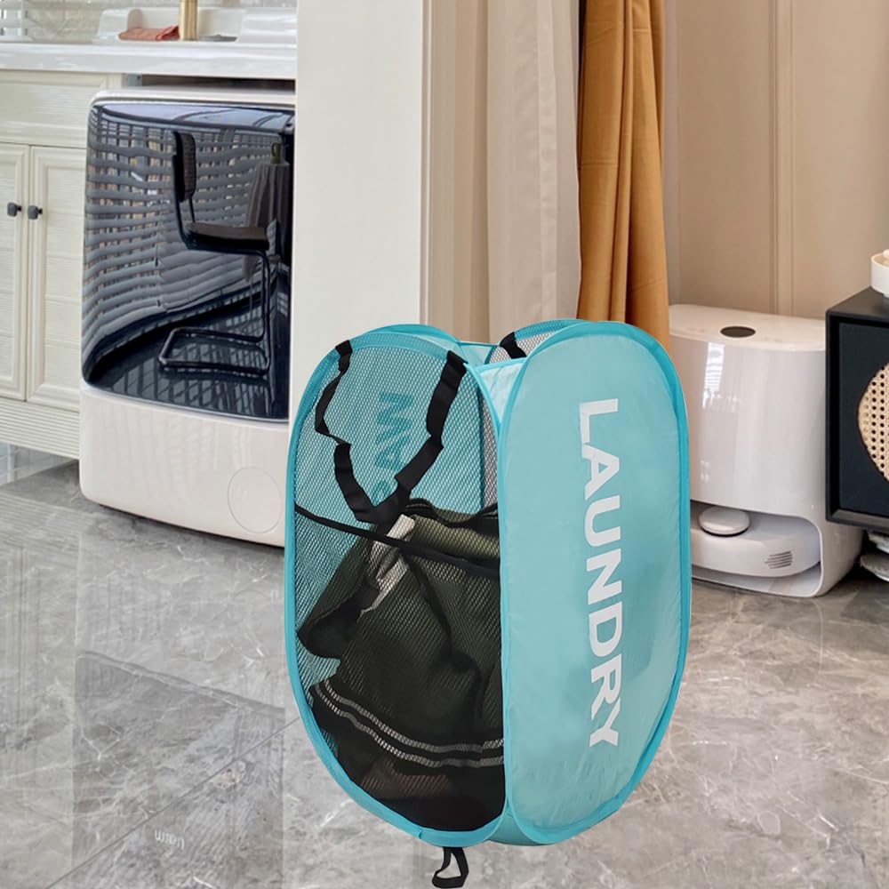 Aplter Mesh Pop Up Laundry Hamper With Handles, Collapsible Laundry Basket Side Pocket Kids Dirty Clothes Hamper (Sky Blue)
