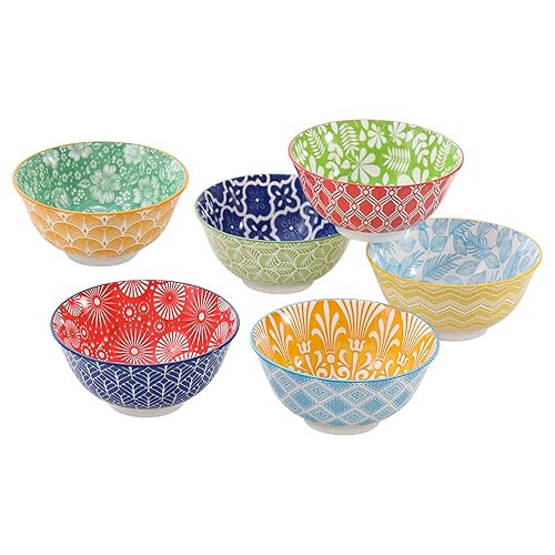 Cereal Bowl Porcelain Soup Bowls - Ceramic Bowl Set Kitchen 23 oz - 6 Inch Deep Colorful Bowls for Serving Breakfast | Oat | Oatmeal | Ramen | Pho | Noodle - Microwave and Dishwasher Safe - Set of 6
