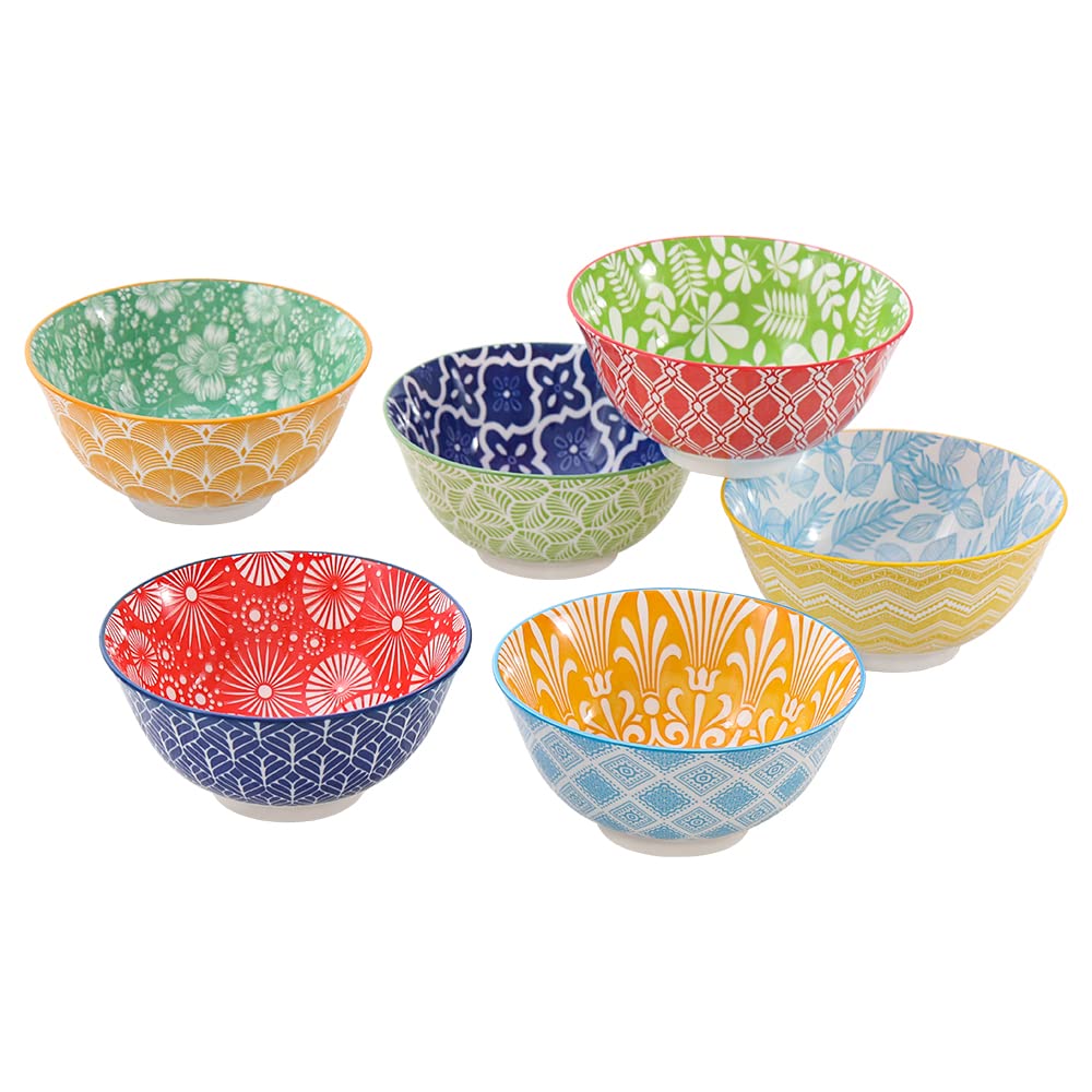 Cereal Bowl Porcelain Soup Bowls - Ceramic Bowl Set Kitchen 23 oz - 6 Inch Deep Colorful Bowls for Serving Breakfast | Oat | Oatmeal | Ramen | Pho | Noodle - Microwave and Dishwasher Safe - Set of 6