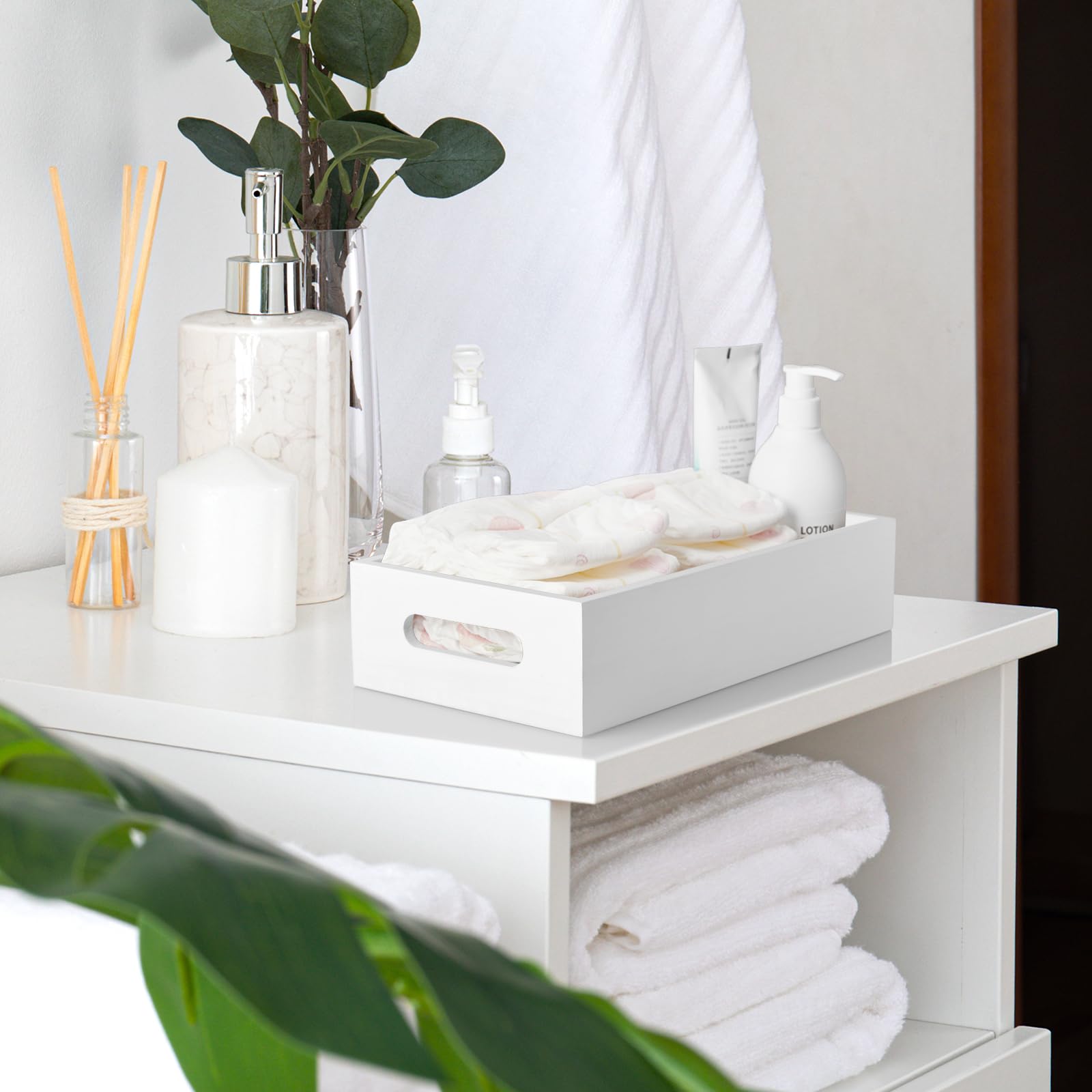 Alelion White Bathroom Basket - Wooden Toilet Tank Paper Basket With Handle For Organizing - Back Of Toilet Storage Organizer Fo