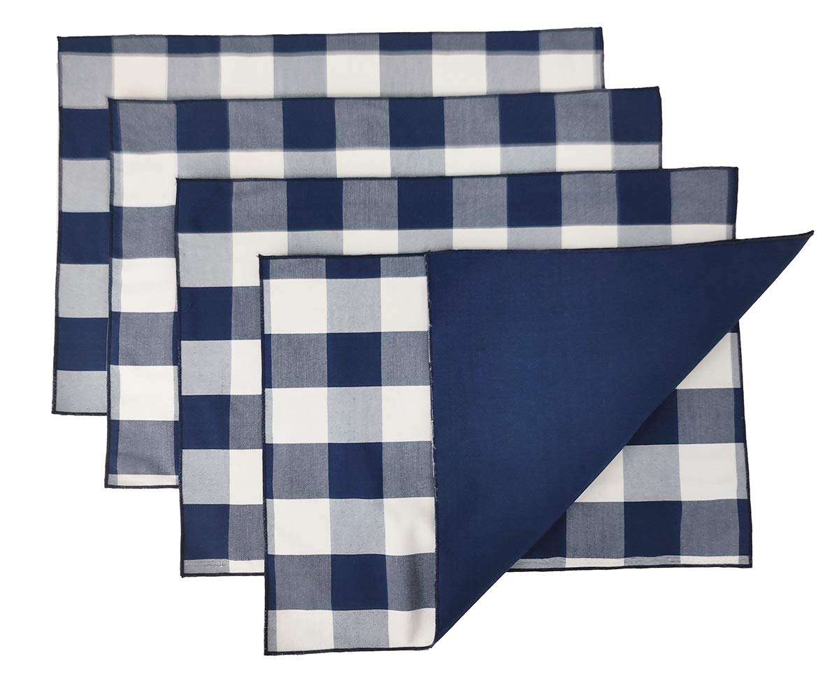 Fennco Styles Buffalo Check Double Layers Reversible Placemats 14'' W X 20'' L, Set Of 4 - Handmade In Usa - Navy Blue Plaid Tab