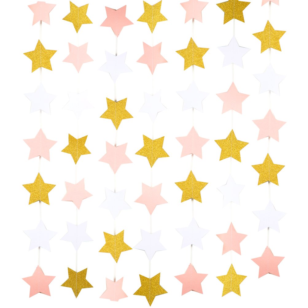 Mowo Paper Garland Twinkle Star Pink Gold Glitter And White 3'' Circle Decoration 2Pc 20 Feet In Total
