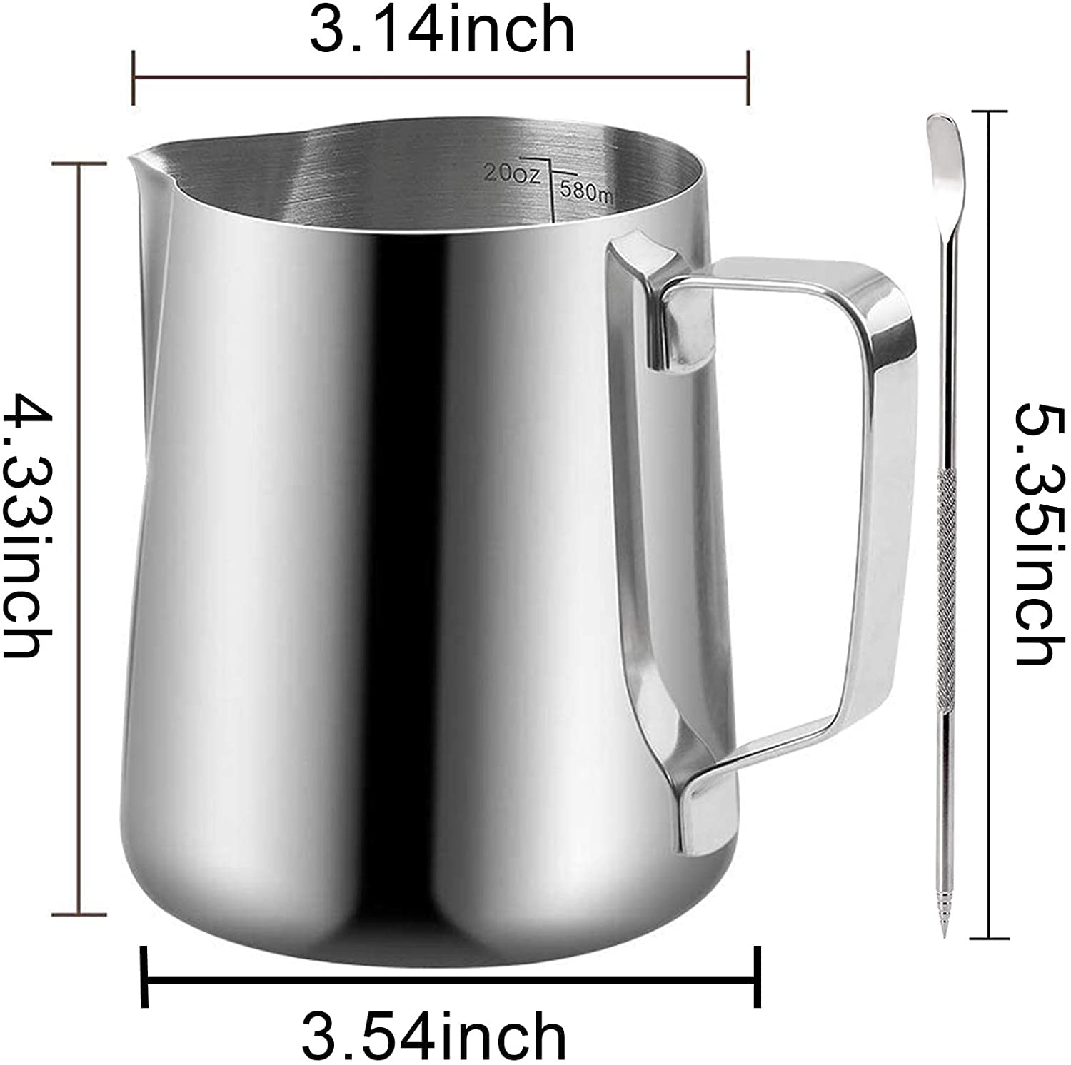 Milk Frothing Pitchers 20 Oz, Stainless Steel Espresso Steaming Pitcher With Decorating Pen Coffee Milk Frother Cup With Scale C