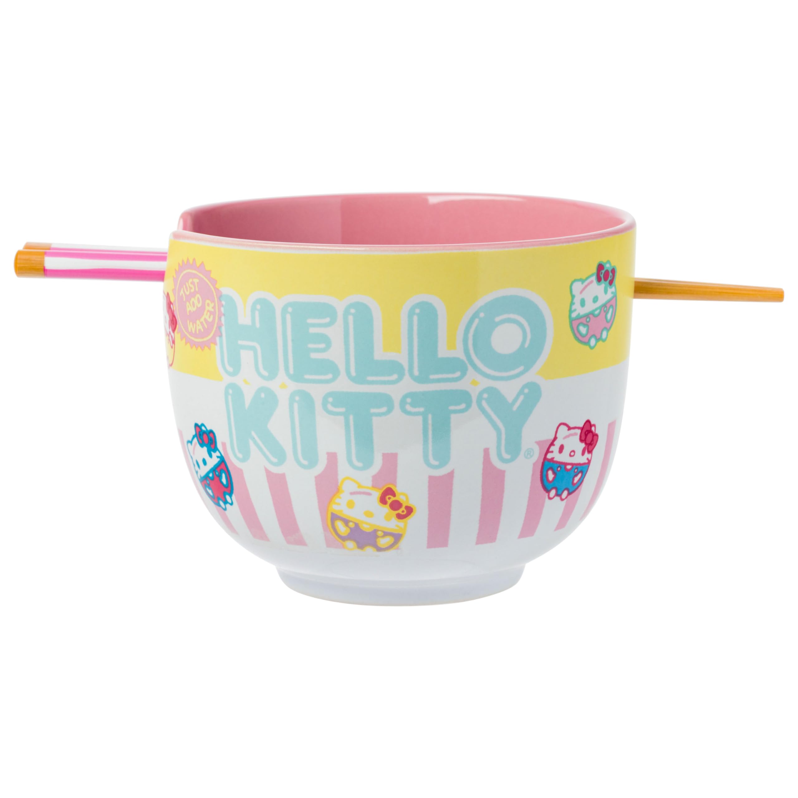 Silver Buffalo Sanrio Hello Kitty Pastel Colored Ceramic Ramen Noodle Rice Bowl With Chopsticks, Microwave Safe, 20 Ounces