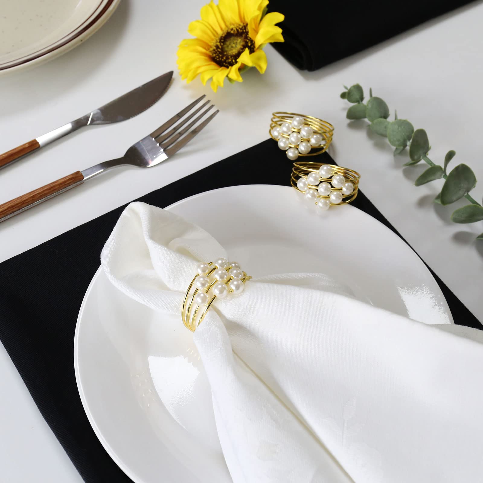 Thanksgiving Napkin Rings Set Of 12, Pearl Napkin Ring Holder For Tables, Holiday, Wedding Reception (Gold Pearls)