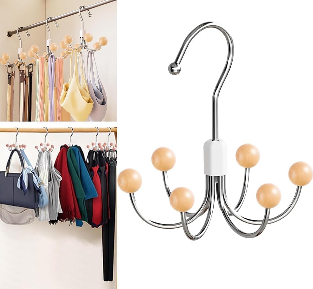 Gopendra 360 Rotating OctopusLegged Hanger With 6 Wooden Ball Hooks For Closet Storage | Metal Swivel Organizer For Belts, Bras