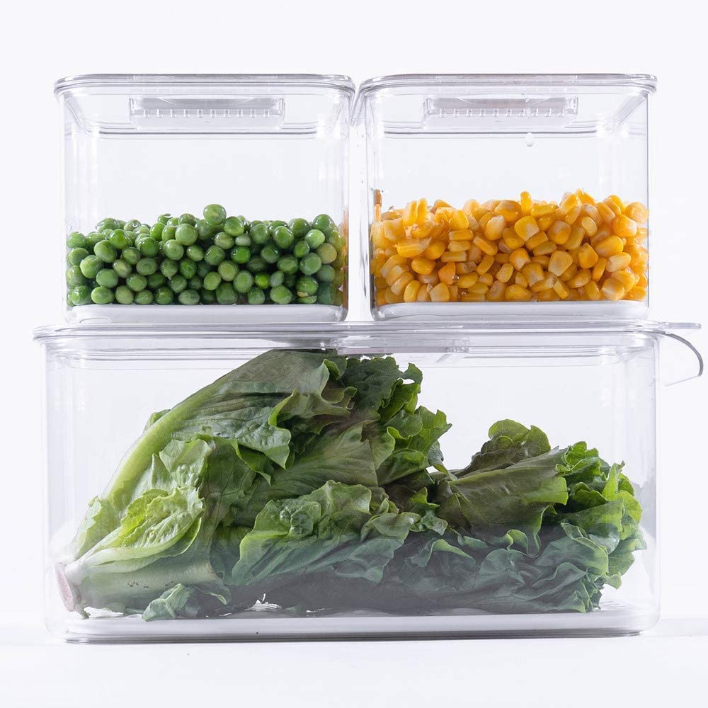 Slideep Food Storage Containers Produce Saver With Lids, Stackable Refrigerator Freezer Organizer Bins With Removable Drain Tray