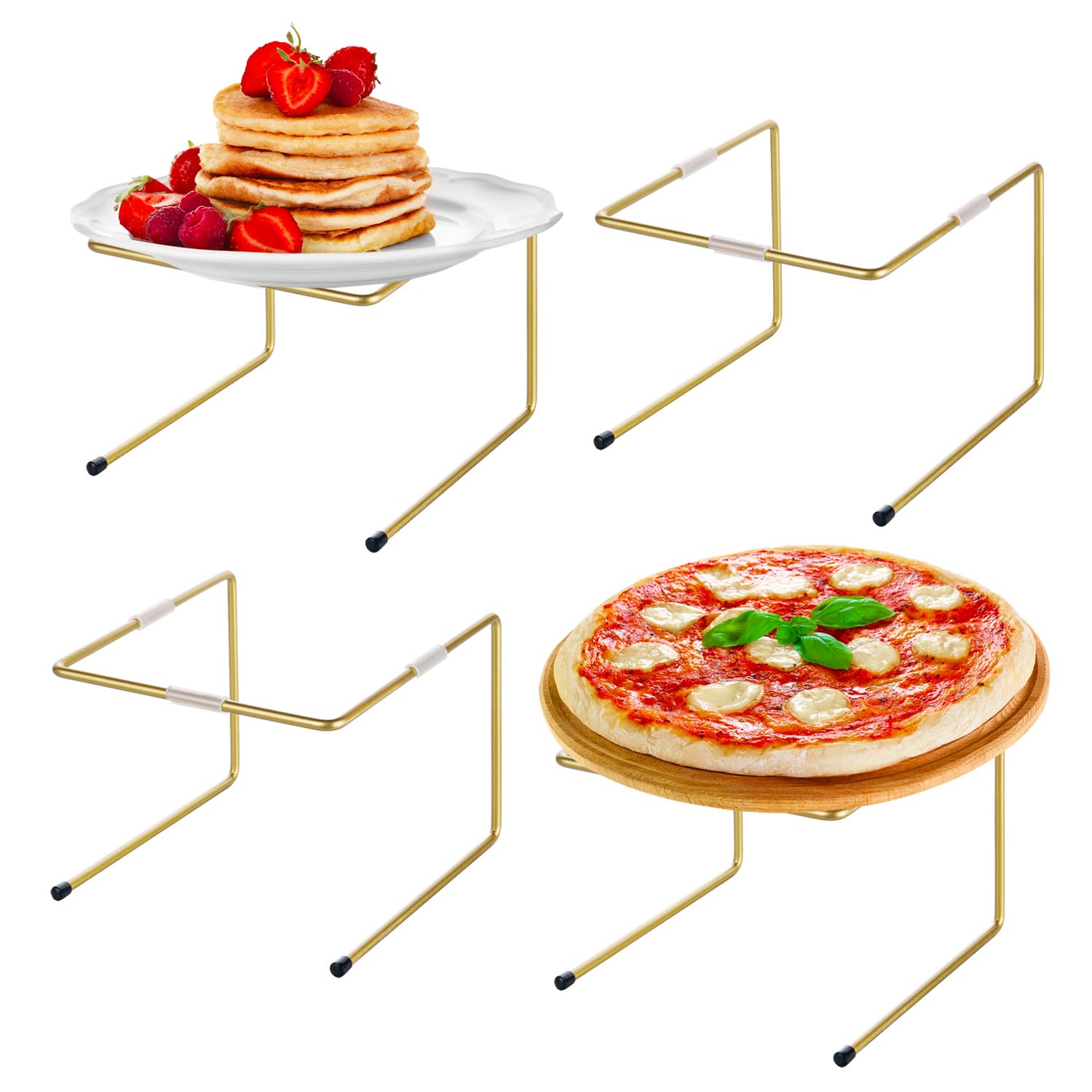 MyGift Brass Metal Pizza Table Stands, Tabletop Pizza Pan Riser Food Platter Tray and Display Rack, Set of 4