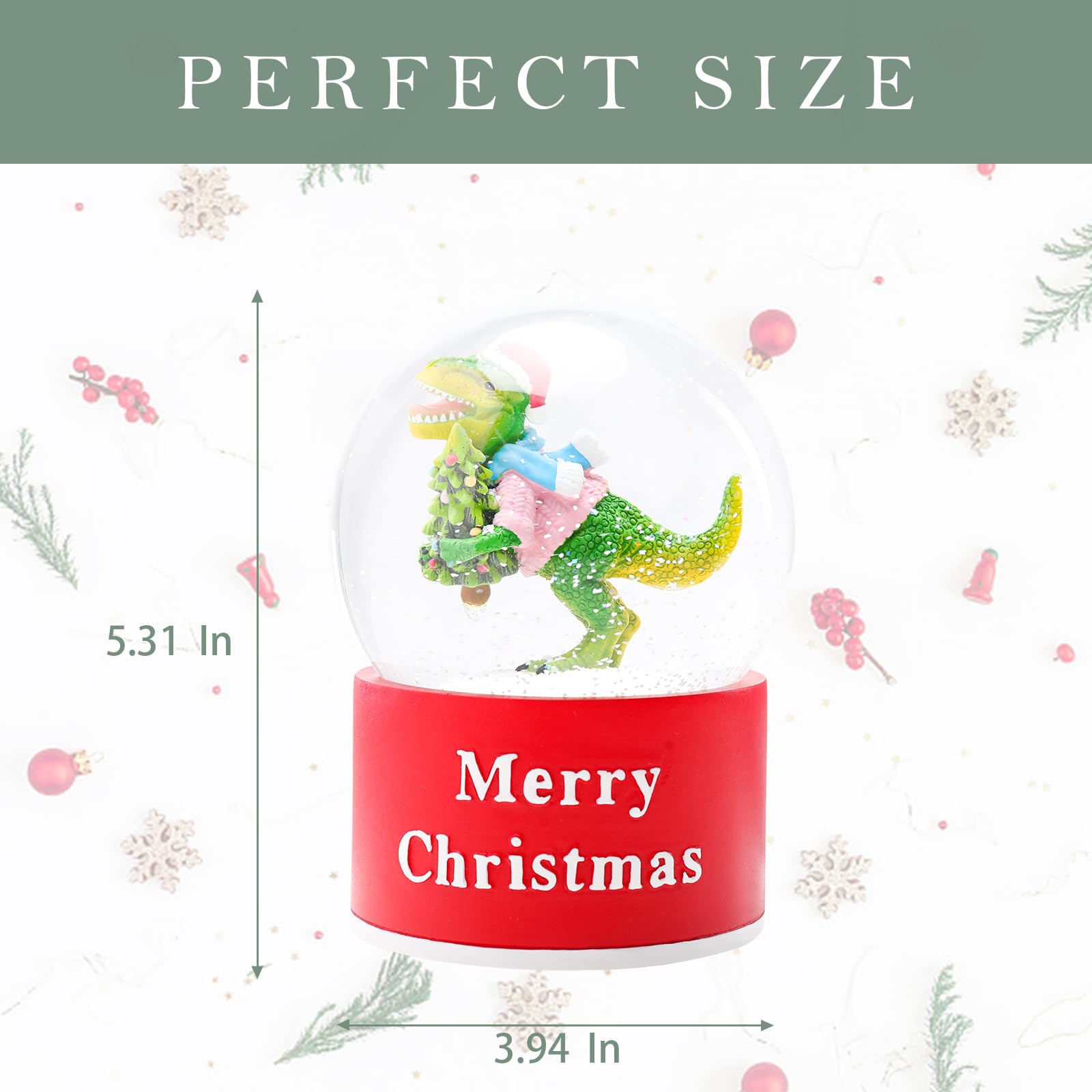 Bdor Christmas Dinosaur Snow Globe with LED Light & Music - 3.94 x 3.94 x 5.31 | 2 Modes: Color Changing Lights with 8 Christmas
