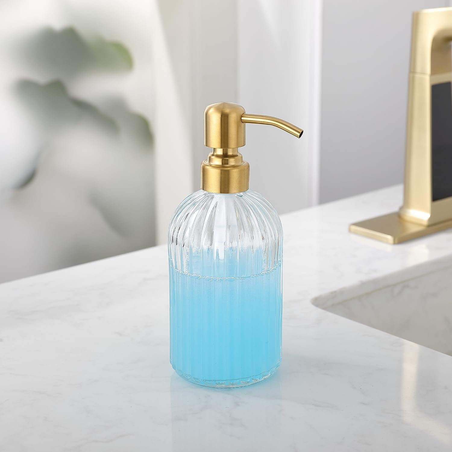 Leetcp Gold Glass Soap Dispenser With Rust Proof Metal Pump,16Oz Vintage Soap Dispenser,Clear Glass Dish Soap Dispenser For Bath