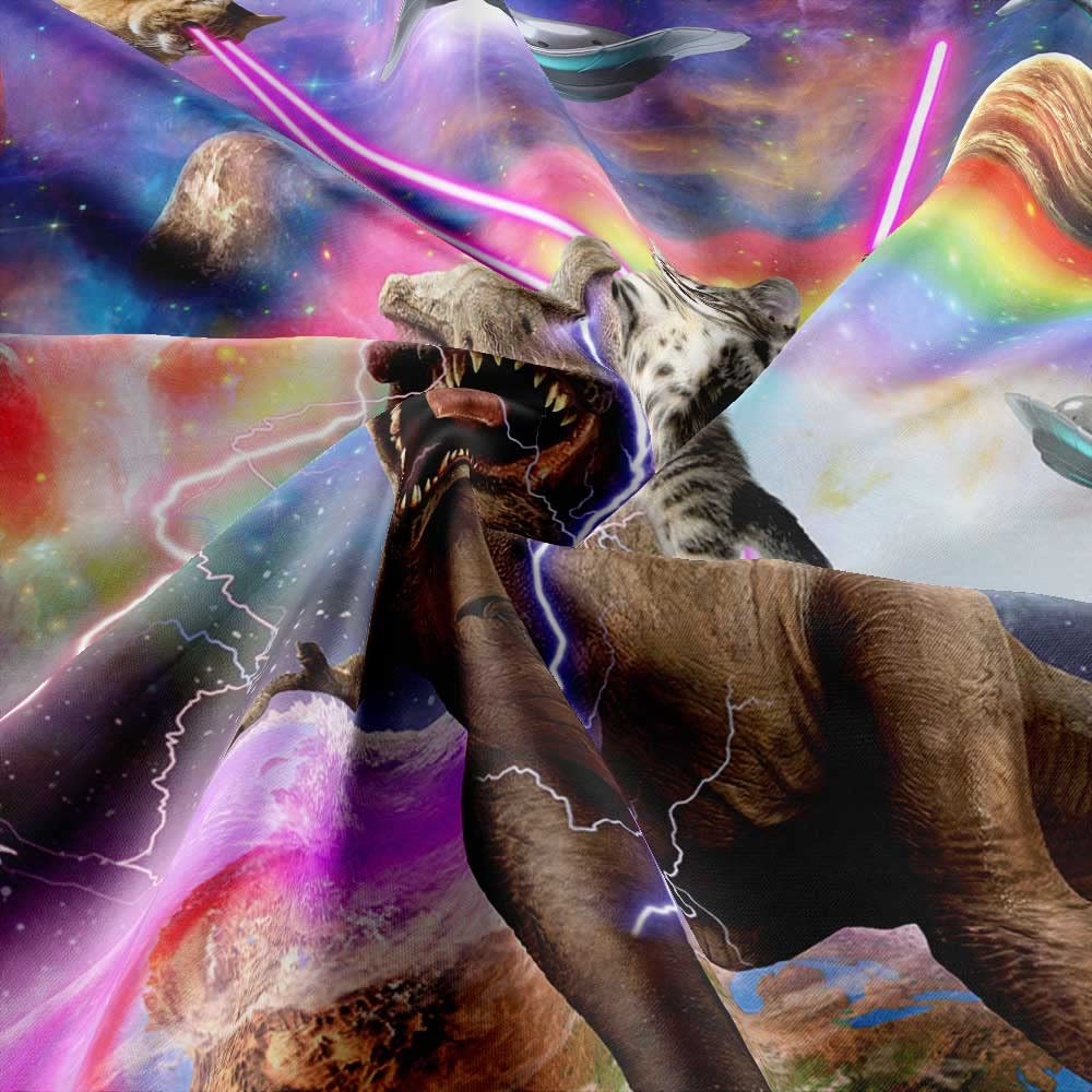 Funny Cat Shower Curtain Boys Kids Bathroom Decor, Cool Cat Riding Dinosaur On Fantasy Galaxy Hilarious Shower Curtain, Funky Ou